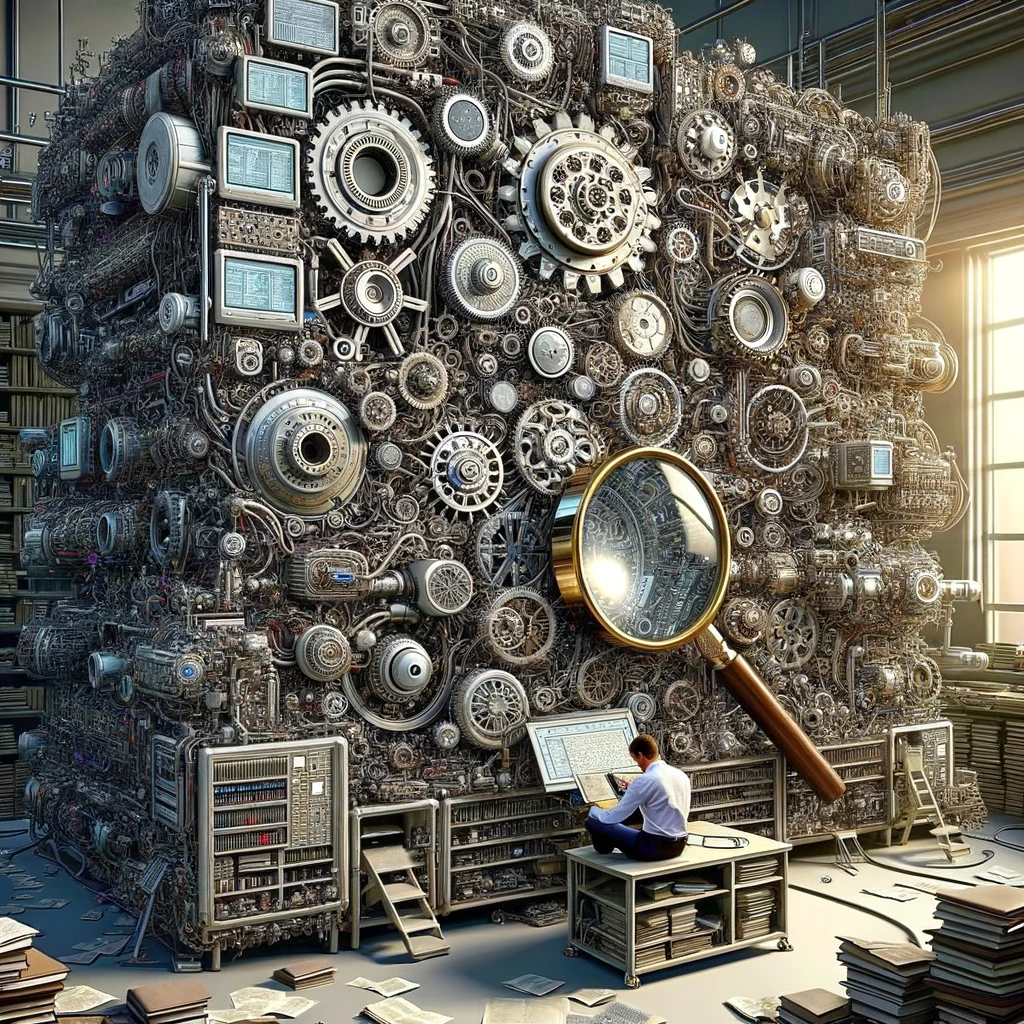 The image depicts a person sitting in front of a massive, complex machine, composed of countless gears, levers, and screens, symbolizing a complex AI.