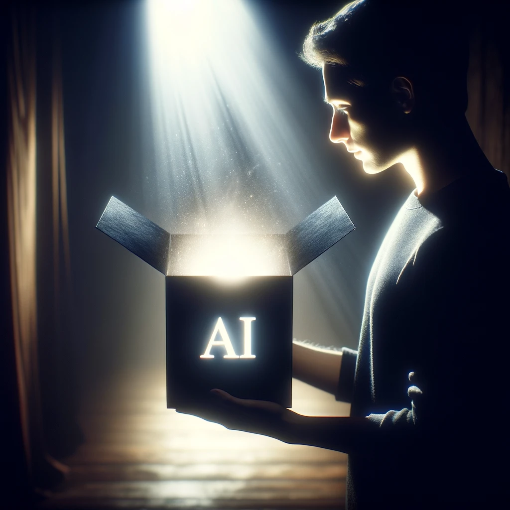 A person stands in a dimly lit room, their silhouette outlined by the soft glow emanating from an open, mysterious black box they hold in their hands.