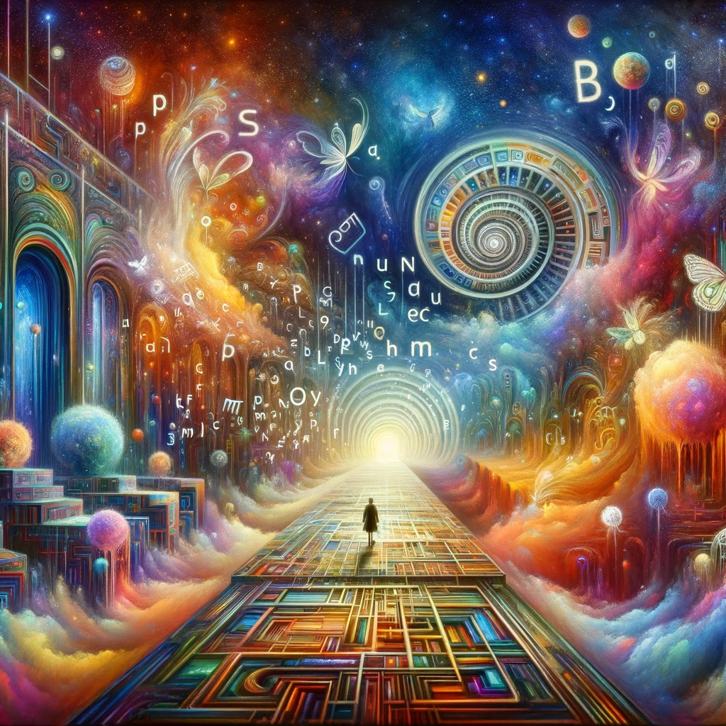 A surreal and psychedelic painting that portrays a linguistic model embarking on a hallucinatory and mind-altering journey.